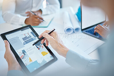 Buy stock photo Marketing, advertising and creative design on a tablet screen in the hand of a business woman working in her office. Technology, online and digital product with a web or graphic designer at a company