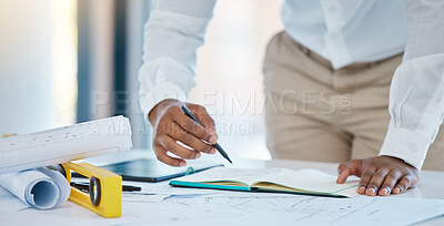 Buy stock photo Architect, writing and planning with a business man drawing in a notebook with a blueprint and plan on a table in his office. Construction, engineer and architecture with a creative design at work