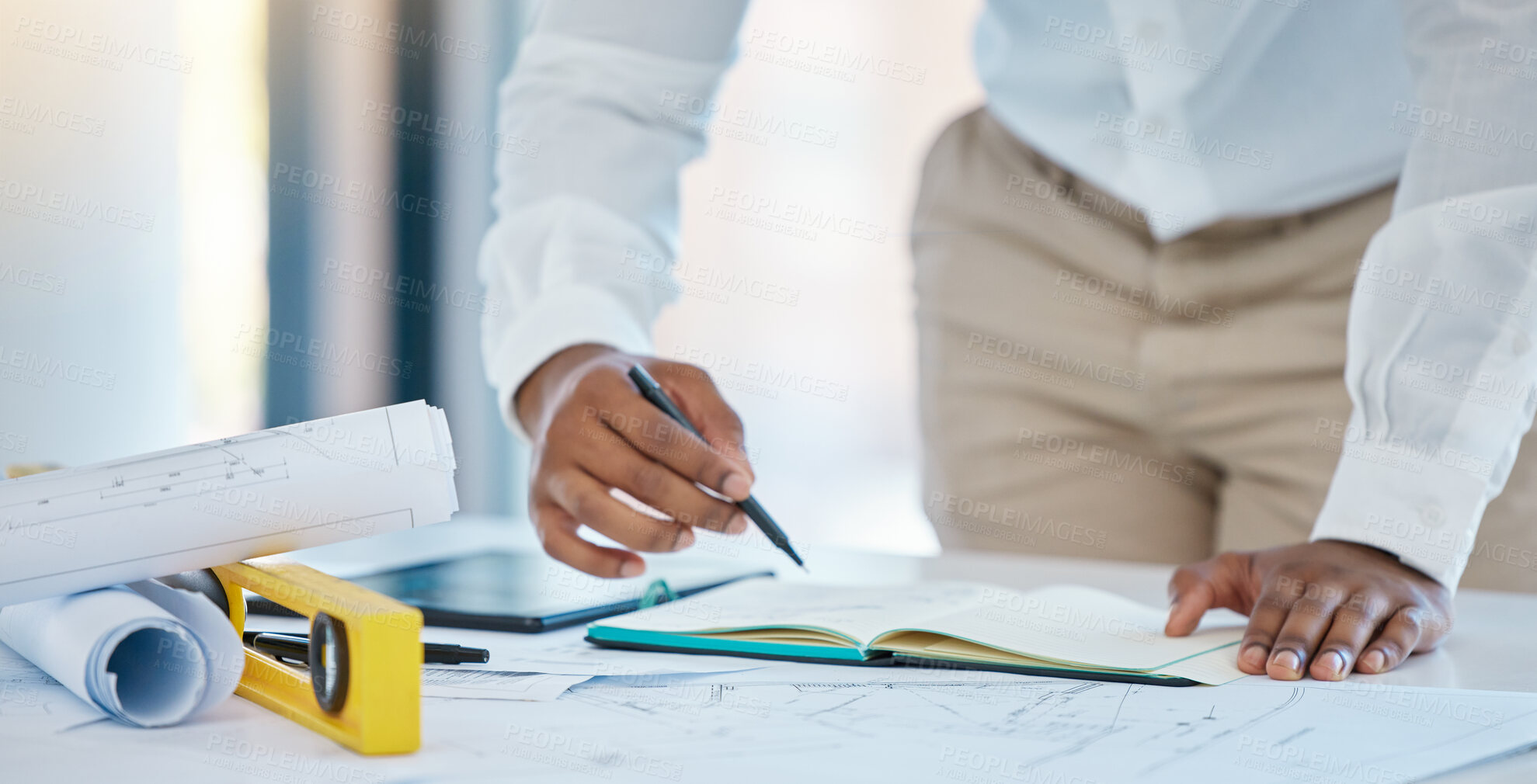 Buy stock photo Architect, writing and planning with a business man drawing in a notebook with a blueprint and plan on a table in his office. Construction, engineer and architecture with a creative design at work
