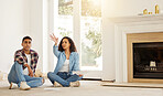 New house, couple and moving in while planning and talking about renovation plans and vision idea for their dream home. Young man and woman holding paper for interior design for their property