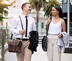 Business, woman and man with a smile walking to work at office or company in city street. Happy people, communication or coworkers, colleagues or workers or employee going to corporate building. 
