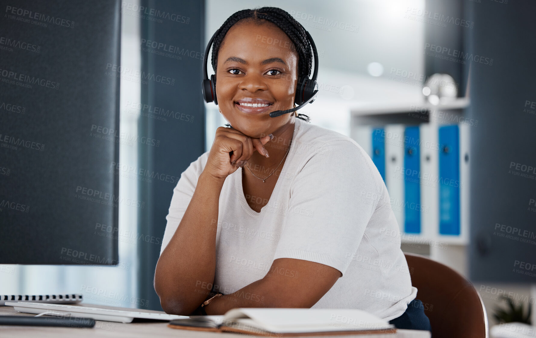 Buy stock photo Call center worker, business administration sales consultant and black woman networking, contact and consulting for crm telemarketing in office. Portrait of a happy customer service support agent 