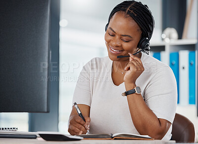 Buy stock photo Contact us, call center and telemarketing consultant writing in notebook to help give good support and customer service. Crm, insurance and black woman working, talking and networking with client 