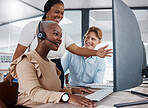 Happy manager help call center agent on computer while talking, discussing or negotiating deals, sales or promotions for customer. Black office team leader support learning intern with client on tech