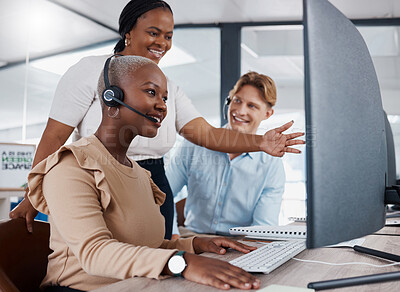 Buy stock photo Happy manager help call center agent on computer while talking, discussing or negotiating deals, sales or promotions for customer. Black office team leader support learning intern with client on tech