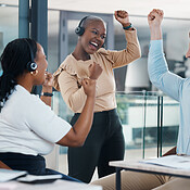 Winner, success or call center teamwork in contact us office with women ...