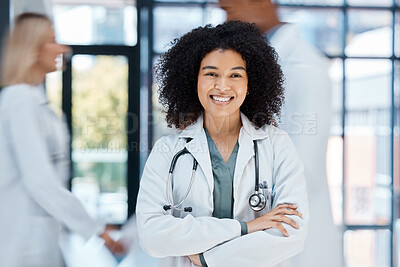 Buy stock photo Portrait of happy doctor with smile in a hospital ward with motivation and success in the medical industry. African american healthcare expert or worker proud and confident in help make a difference