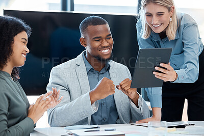 Buy stock photo Team celebration for email news on a tablet in a corporate office with happy smile. Black employee read message of promotion online with manager and boss while celebrating together and clapping 
