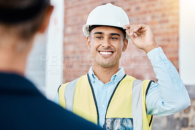 Buy stock photo Building, construction and architecture worker with a happy smile ready to start work. Maintenance contractor, builder logistics and building construction worker feeling motivation for a job project 