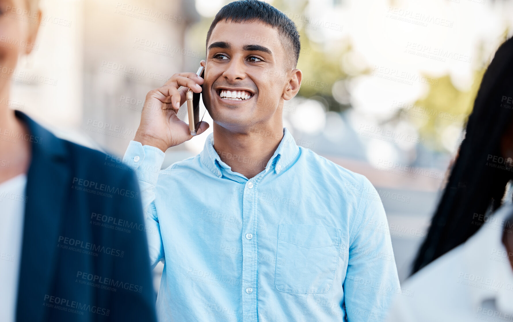 Buy stock photo Business travel, commute and phone call for walking man, entrepreneur and pedestrian networking with customers in busy city. Happy, smile and motivation for success startup on morning routine to work