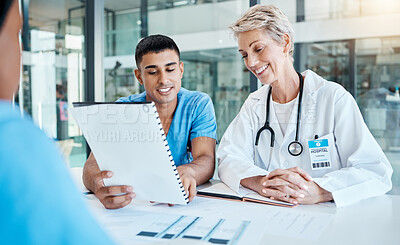 Buy stock photo Doctor, nurse and meeting with paper, medical lab data and innovation idea for medicine research in a hospital clinic. Smile, happy and motivation healthcare teamwork planning surgery with insurance
