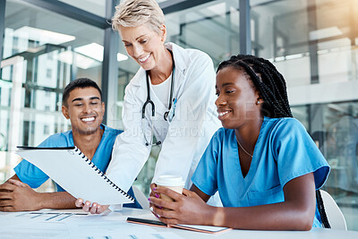 Buy stock photo Medical, planning and doctor and nurse collaboration on innovation, medicine and health care meeting. Happy, diverse healthcare workers smiling and reading results or feedback from cancer cure trial