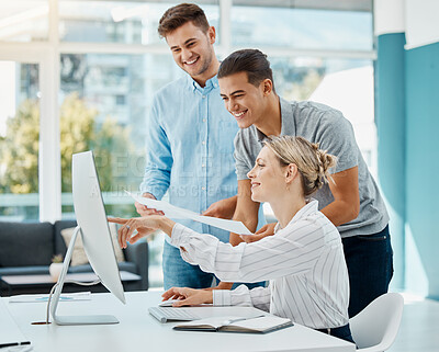 Buy stock photo Collaboration, teamwork and creative strategy planning on a computer with marketing team in a corporate office. Excited employee working on a goal, web design or online project for a startup together