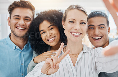 Buy stock photo Corporate selfie, team building and office friends in diverse company for professional growth. Workplace people, photograph and friendly connection with happy and inclusive business staff.
