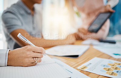 Buy stock photo Hand, writing and notebook with a business woman in a meeting for planning, strategy and growth. Idea, pen and learning with a female at a table for development, coaching and training in a workshop