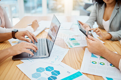 Buy stock photo Business big data review on graphs, paperwork and digital information for marketing, finance and economy survey research. Team hands planning statistics, stock market trading and seo growth analytics