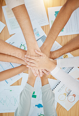 Buy stock photo Hands together, teamwork and support of business team trust, community and job collaboration. Motivation, success and partnership hand gesture of web development group on a team building project