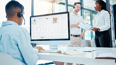 Buy stock photo Call center worker talking to people on computer, help with consultant at telemarketing company and support from online consultant in office at work. Customer service employee working in sales