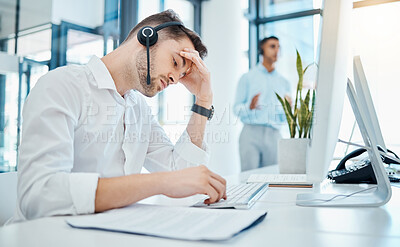 Buy stock photo Stress, anxiety and tired customer service or call center agent working with a computer. Telemarketing consultant or worker suffering mental health, burnout and headache in an sales retail office  