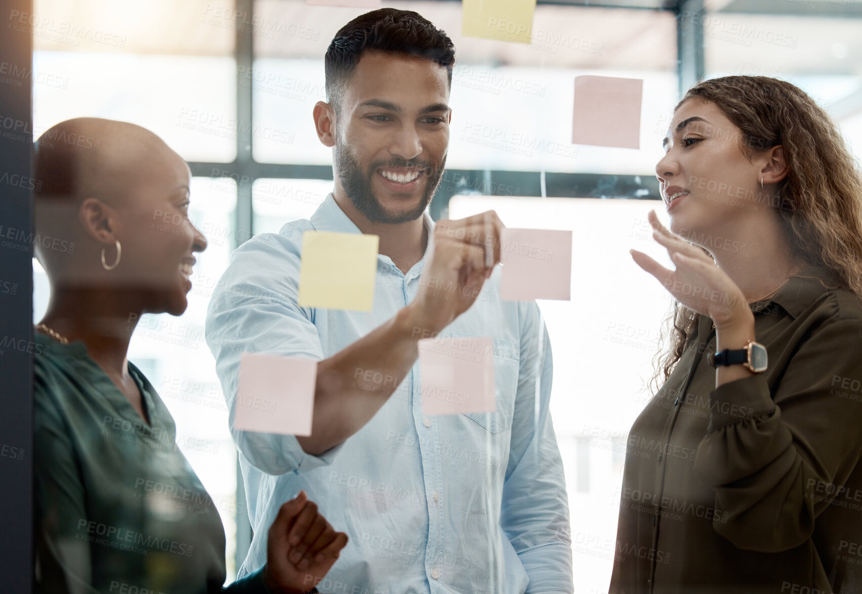 Buy stock photo Writing, post it and innovation vision schedule for teamwork, planning and company growth strategy. Smile, happy or creative business people with diversity and research glass wall for brand analytics