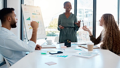 Buy stock photo Black management woman at business meeting with collaboration, teamwork and communication from team. Support, strategy and social media marketing people working with advertising data, graph and chart