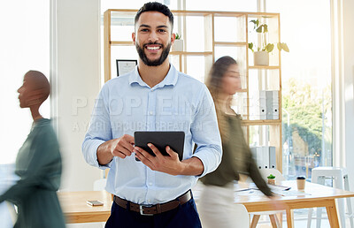 Buy stock photo Business man, tablet and motivation in a busy digital marketing office. Smile portrait of happy employee, team leader and businessman with company schedule and planning innovation idea on technology