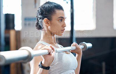 Buy stock photo Weight lifting, woman fitness and exercise workout of a bodybuilder with sports motivation and focus. Sport and strength training of a Mexican athlete working out in a wellness, health and gym studio