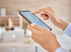 Hands of business people typing on phone, mockup white screen on cellphone for advertising and digital social media marketing on smartphone at work. Employee and worker reading on mobile app