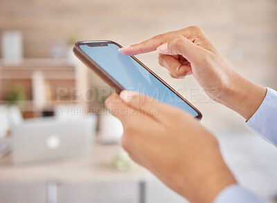 Buy stock photo Hands of business person typing on phone, mockup white screen on cellphone for advertising and digital social media marketing on smartphone at work. Employee and worker reading on mobile app