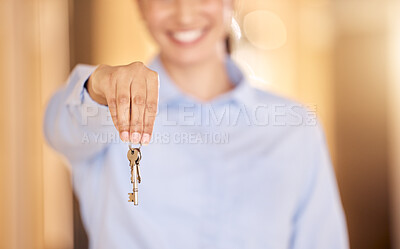 Buy stock photo Key, property and real estate or realtor woman hands with success, happiness and trust on bokeh. Smile of a happy professional agent, business person seller with keys for apartment, rent or mortgage