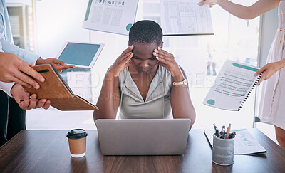 Buy stock photo Burnout, stress and headache with business woman and work overload, too much and pressure in corporate company. Project management, mental health and frustrated with black woman employee in office
