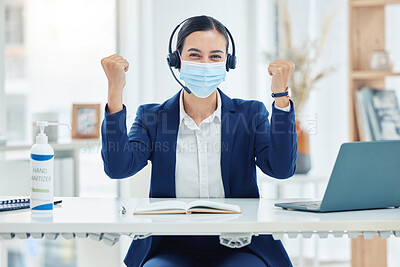 Buy stock photo Covid, yes and support with a call center or customer service operator in celebration in an office with a headset. Contact us, crm or telemarketing with a young female in the corona virus pandemic