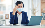 Headache, pain and tired call center agent working on a laptop with headset while wearing face mask. Stressed, burnout and frustrated customer service woman working on computer in a corporate office 