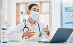 Covid, healthcare and doctor in a mask consulting with a laptop in her office at the hospital while remote working. Insurance, medicine and internet appointment for trust, help and medical care