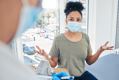 Buy stock photo Covid, healthcare and frustrated patient in a hospital with a doctor annoyed at a delay during a medical appointment for consulting and advice. Woman in a mask feeling upset during medical checkup