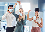 Business people, covid or taking off face mask in teamwork success after lockdown or global pandemic disease. Compliance portrait of happy, cheering or office diversity celebration for man and women 