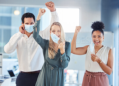 Buy stock photo Business people, covid or taking off face mask in teamwork success after lockdown or global pandemic disease. Compliance portrait of happy, cheering or office diversity celebration for man and women 