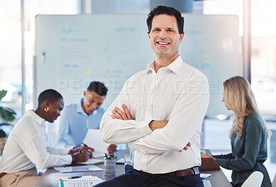 Buy stock photo Business leader collaboration, team meeting and marketing office whiteboard. Man training workshop for company sales strategy, financial presentation by boss and group working in corporate room