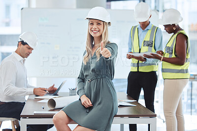 Buy stock photo Thumbs up, success and hand emoji of architect business woman or engineer portrait smile, working with blueprint design. Finger gesture sign or icon for teamwork and project planning people in office