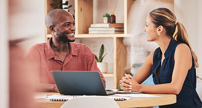 Buy stock photo Happy business people collaboration on laptop, planning and discuss strategy for online project. Diverse man and woman excited, smiling and sharing a goal or vision for a startup or small business