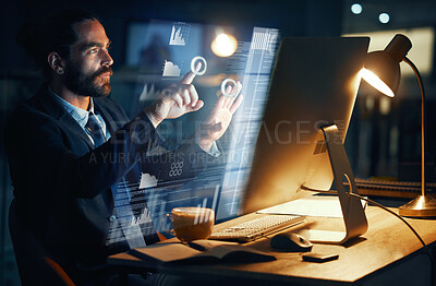 Buy stock photo Business man, virtual screen and technology innovation in modern corporate environment logistics. Touchscreen computer and future of work with analytics, graphs and company workflow management. 