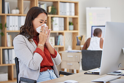 Buy stock photo Sick, ill and sneezing business woman with cold, flu or allergy while working at office. Workaholic or manager trying to work at desk with covid disease  virus or bad work life balance at workplace
