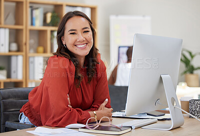 Buy stock photo Asian business woman, working on computer at desk in office or company workplace with a smile. Portrait, happy employee and worker or manager, leader or ceo with corporate vision, mission strategy.