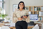Portrait of happy business woman with digital tablet in a corporate office. Entrepreneur Smile, motivation and confident in reaching goal, target and success in her professional career in the company