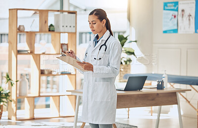 Buy stock photo Doctor writing analysis, reading test results and consulting document information in wellness clinic. Hospital woman, notes and medicine research for healthcare, surgery planning and medical service