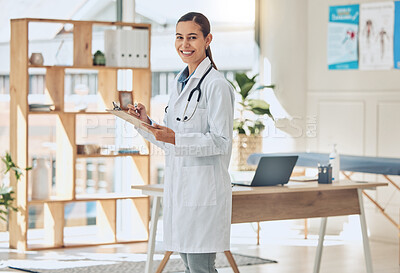 Buy stock photo Doctor in an office with a happy portrait for trust, health care insurance and checklist. Vision, success and smile of healthcare worker woman with clipboard and passion or motivation for her career