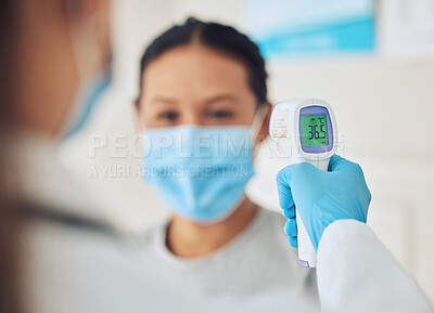 Buy stock photo Covid doctor thermometer, patient safety check and corona virus risk in hospital, clinic and medical surgery. Hands of healthcare worker consulting wellness temperature, service test and fever laser