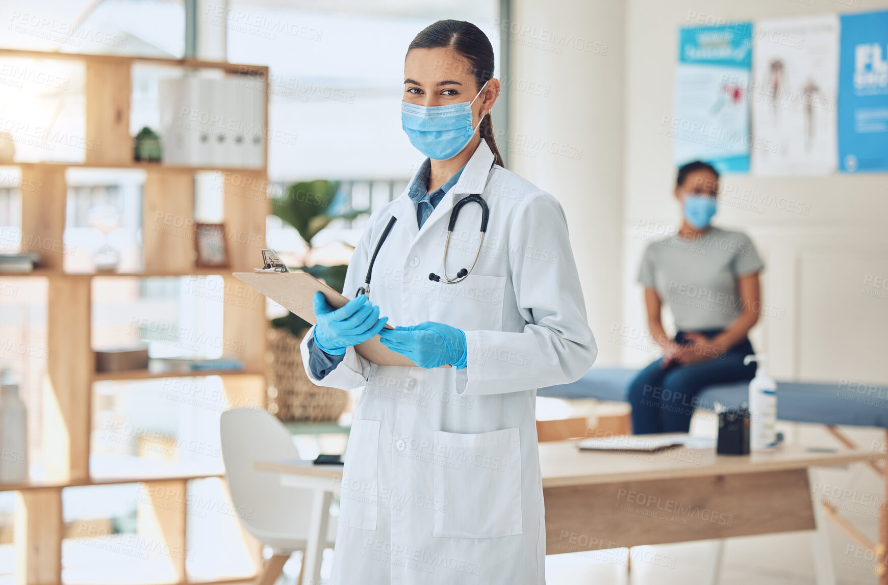 Buy stock photo Doctor, healthcare worker and medical expert doing consultation with patient with covid mask, consulting for health at hospital and giving service at a clinic. Portrait of nurse working in nursing