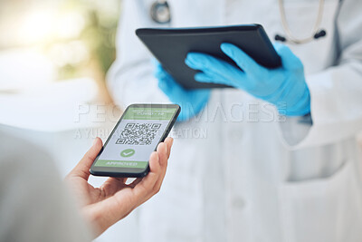 Buy stock photo Digital covid vaccine qr code, phone immunity certificate and healthcare passport for medical doctor to check at clinic test site. Hands, mobile app and booster shot, wellness data and risk identity