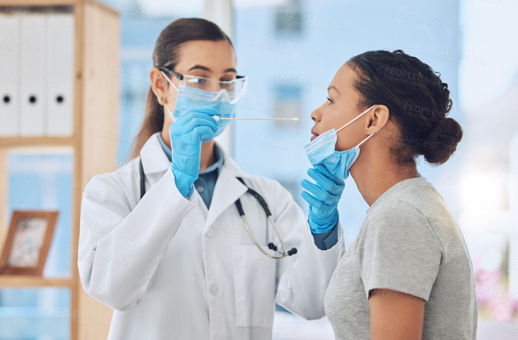Buy stock photo Medical doctor doing a covid test on patient by taking a sample with nose swab in her office. Healthcare worker and woman with face mask in clinic consultation during coronavirus pandemic in hospital